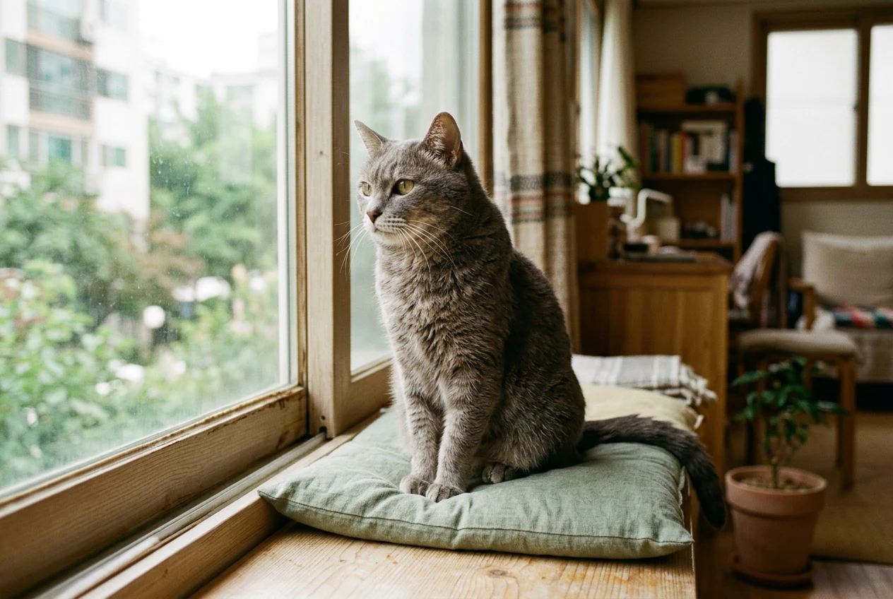 창틀 쿠션 위에 앉은 고령 회색 고양이