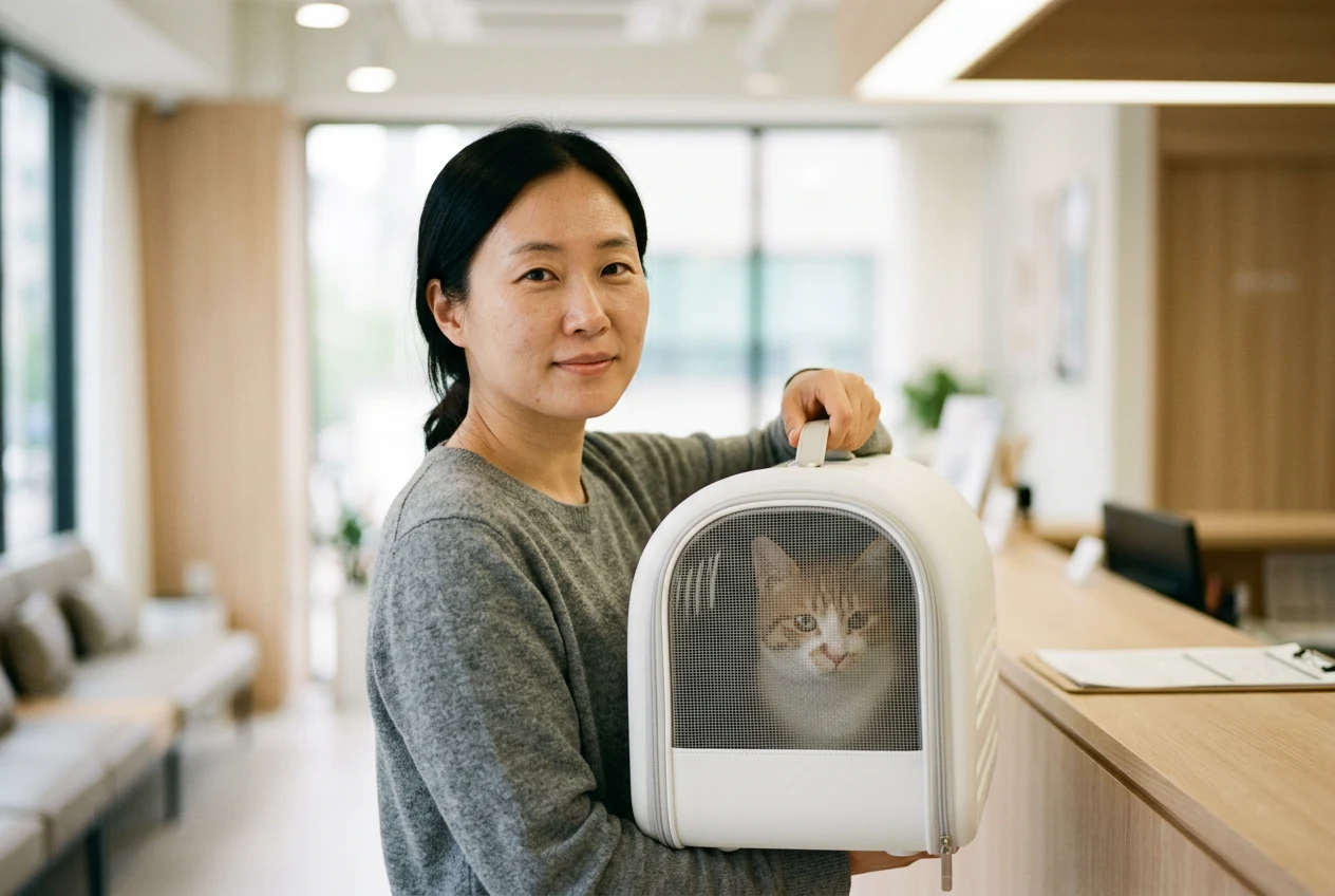 동물병원 접수대에서 고양이 캐리어를 든 보호자