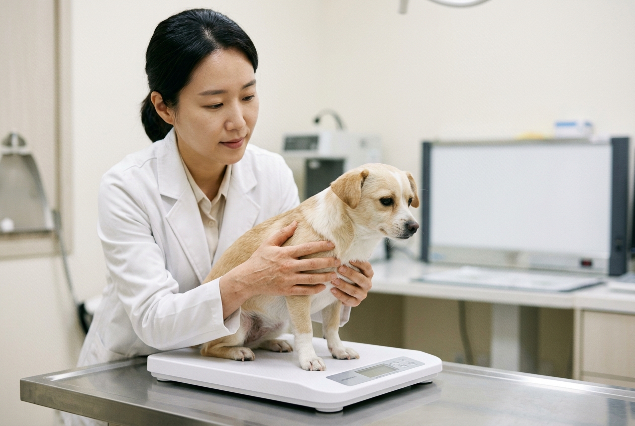 수의사가 소형견 체중을 측정하는 장면