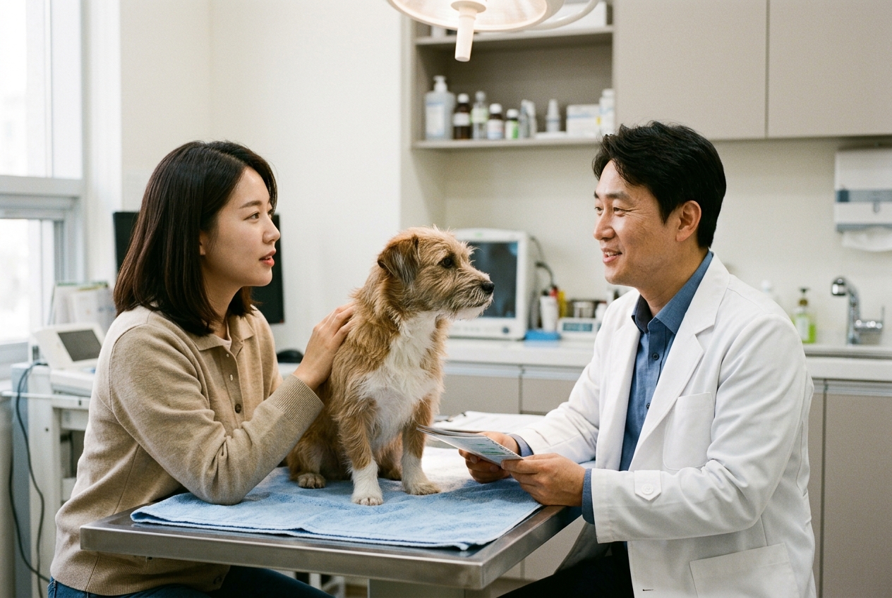 보호자와 수의사가 강아지 진료 상담하는 장면