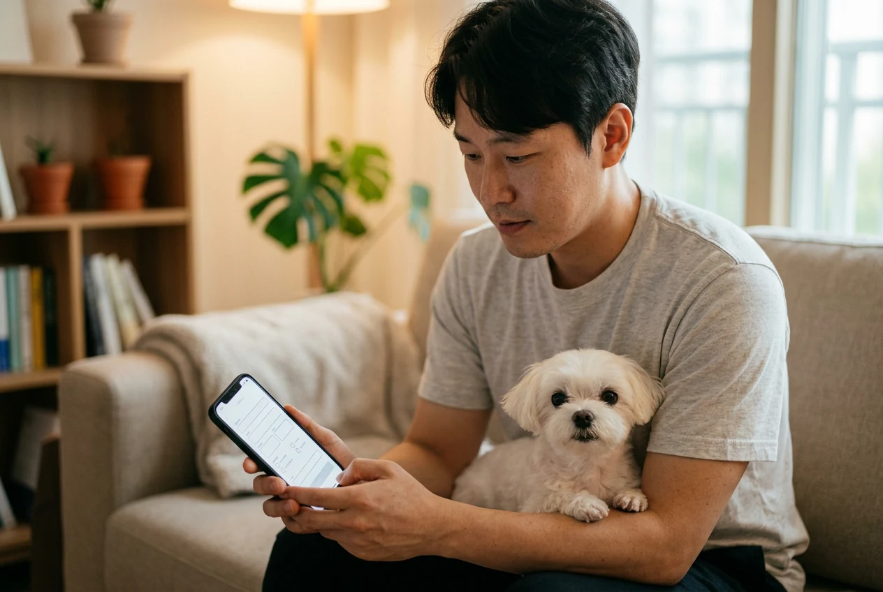 스마트폰으로 펫보험 특약 가입 화면을 확인하는 보호자와 강아지