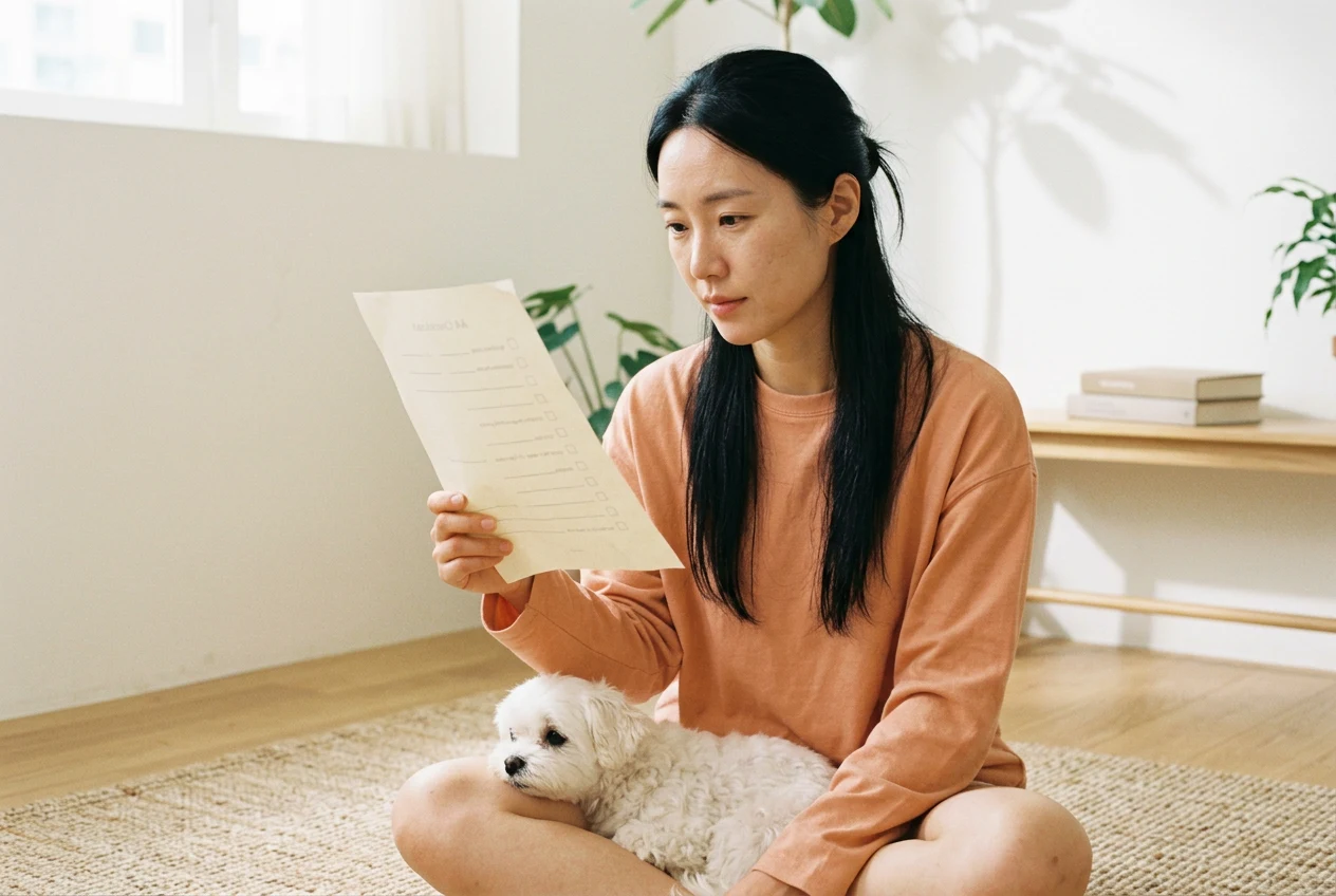체크리스트를 확인하는 보호자와 말티즈가 바닥에 함께 앉은 모습