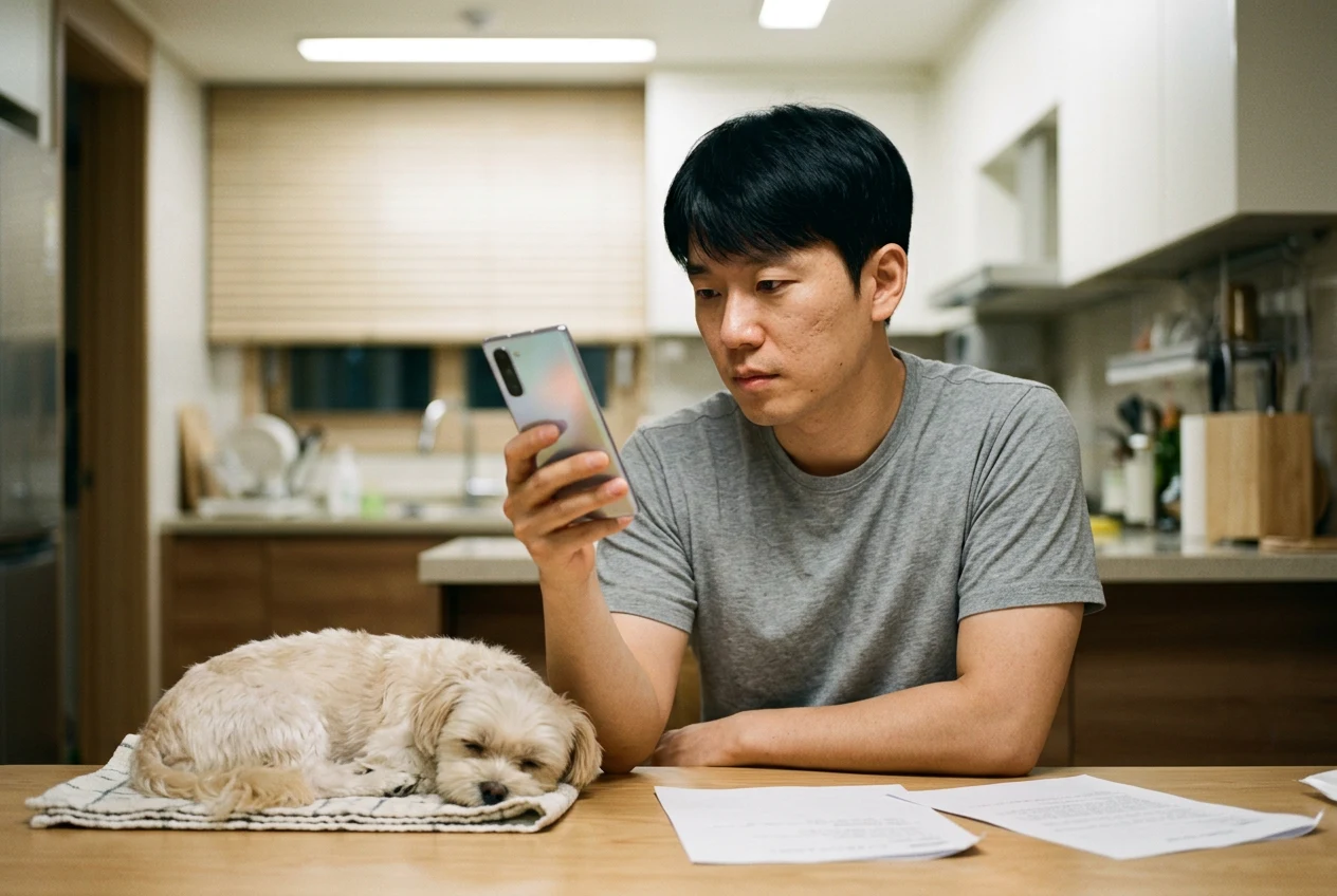 강아지 옆에서 스마트폰으로 보험 청구하는 보호자