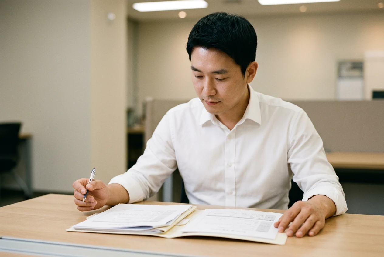 펜을 들고 보험 서류 두 종류를 비교 검토하는 남성