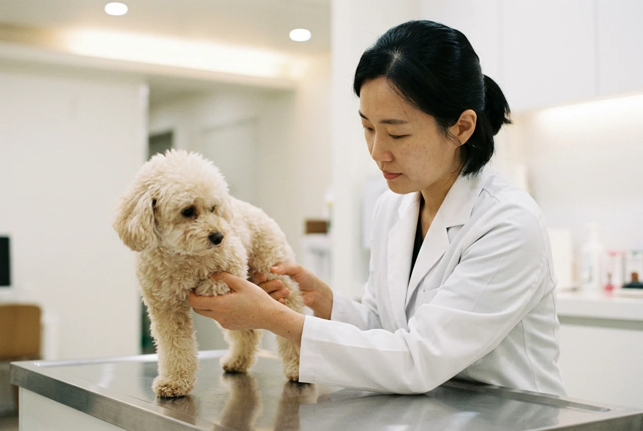 수의사가 진찰대 위 소형견의 뒷다리를 살펴보는 모습