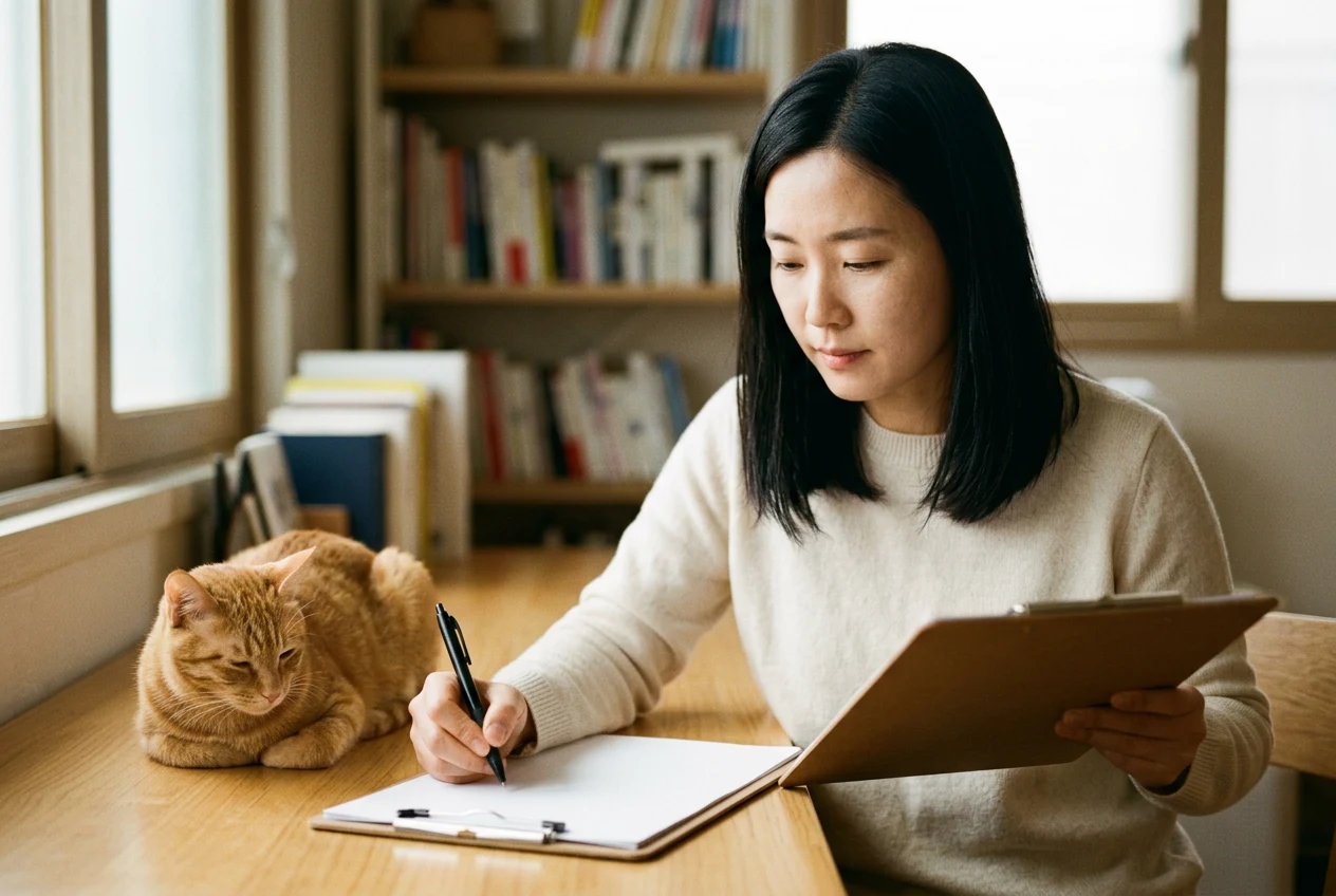 반려묘 보호자가 클립보드 서류를 검토하는 모습