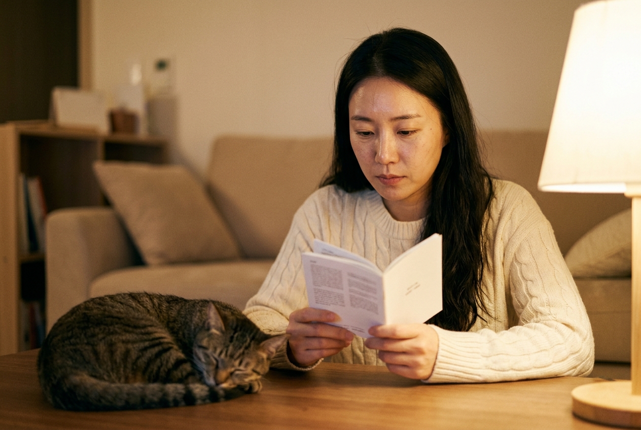 책자를 읽는 보호자와 옆에서 잠든 고양이