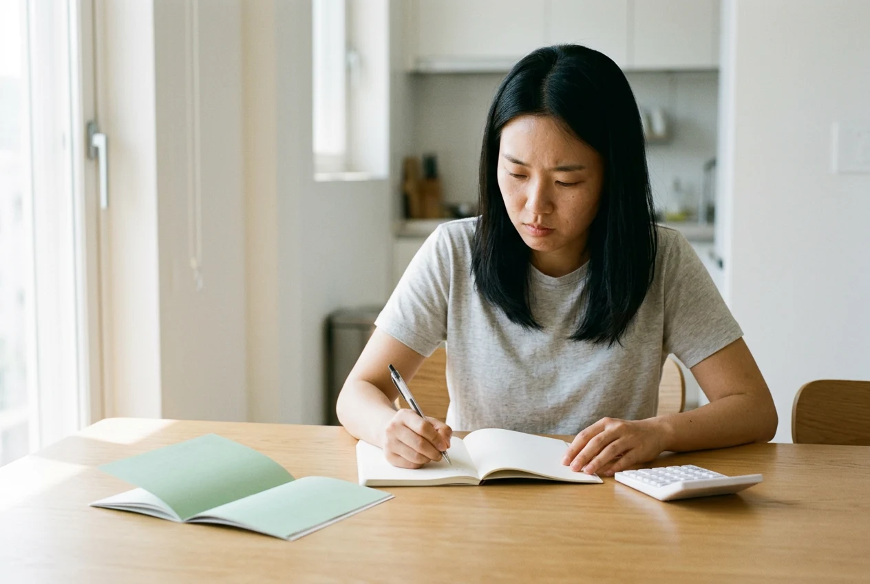 계산기와 노트패드 앞에서 펜으로 계산하는 보호자