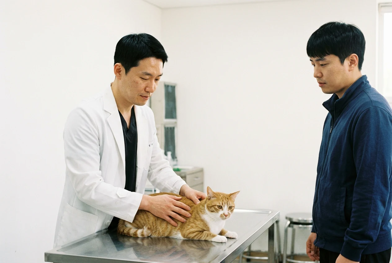수의사가 진찰대 위 고양이를 진찰하는 장면과 지켜보는 보호자