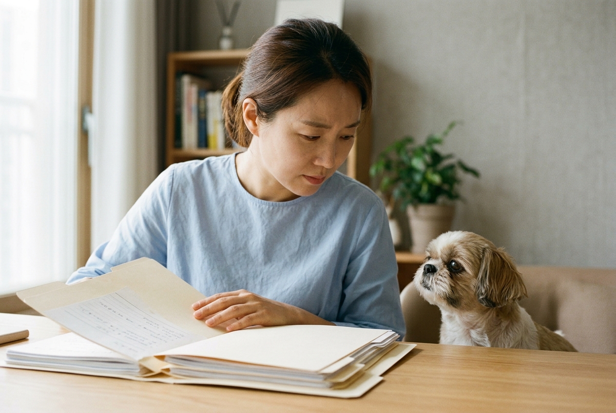 보험 서류 폴더를 검토하는 반려견 보호자