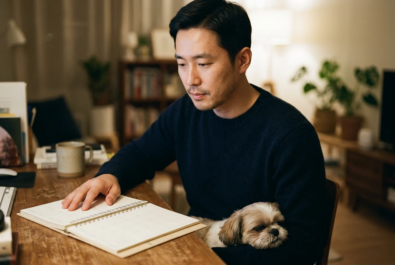 노트북 플래너와 반려견을 곁에 두고 면책기간을 확인하는 남성 보호자