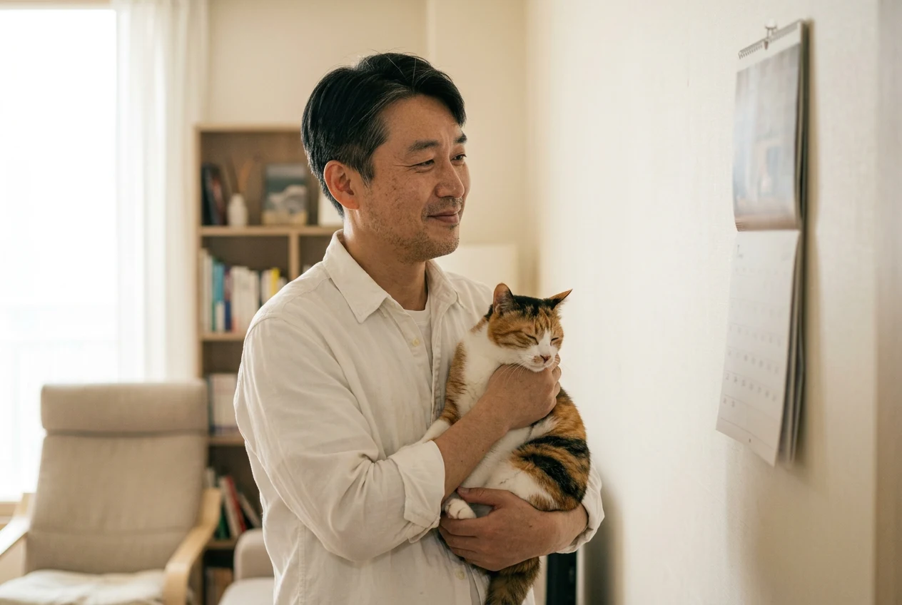 삼색 고양이를 안고 벽걸이 달력 옆에 선 보호자