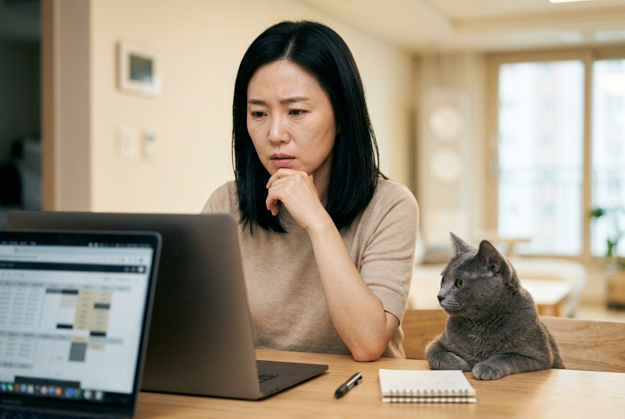 노트북 화면을 고민스럽게 바라보는 여성과 옆에 앉은 회색 고양이