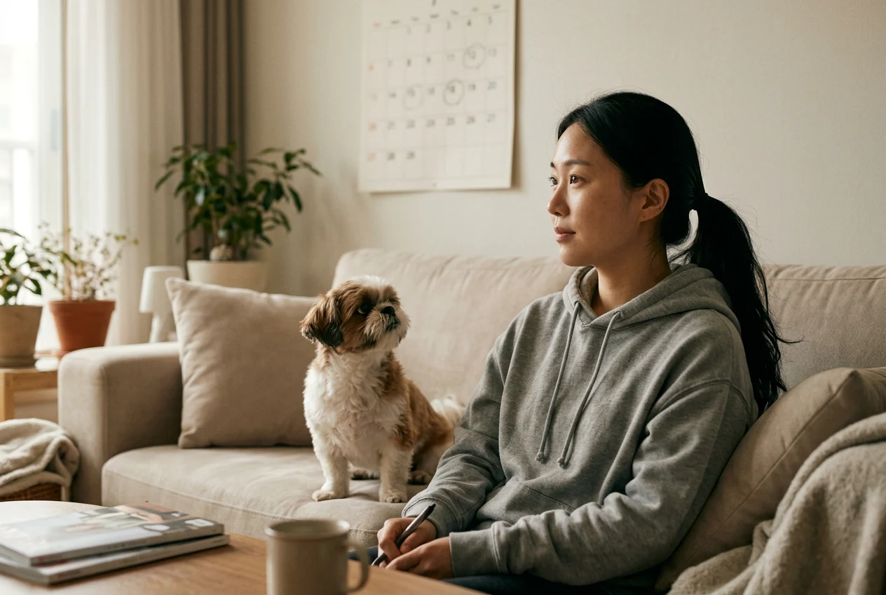 소파에 앉아 달력을 바라보는 보호자와 강아지
