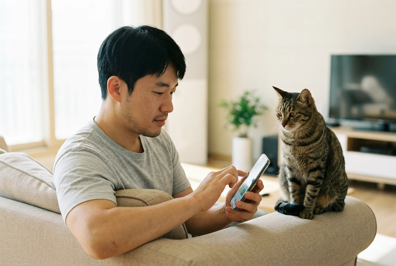 소파에서 스마트폰으로 보험 앱을 보는 남성과 옆에 앉은 고양이