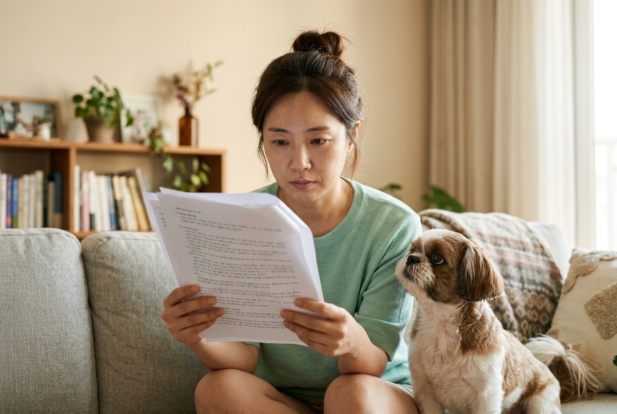 소파에서 약관 서류를 꼼꼼히 읽는 여성과 곁에 앉은 시추 강아지