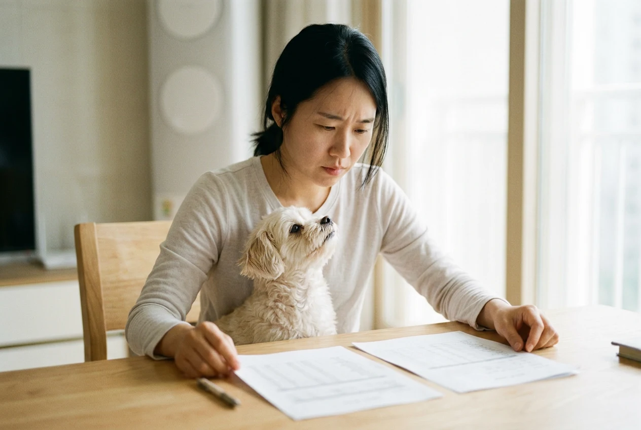 한국 여성이 두 장의 비교 서류를 나란히 놓고 분석하는 모습