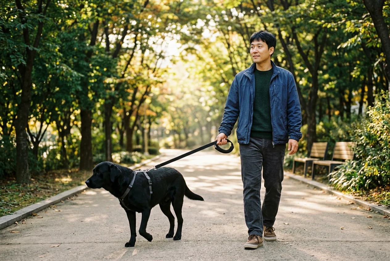 공원 산책로에서 대형견을 목줄로 산책시키는 남성