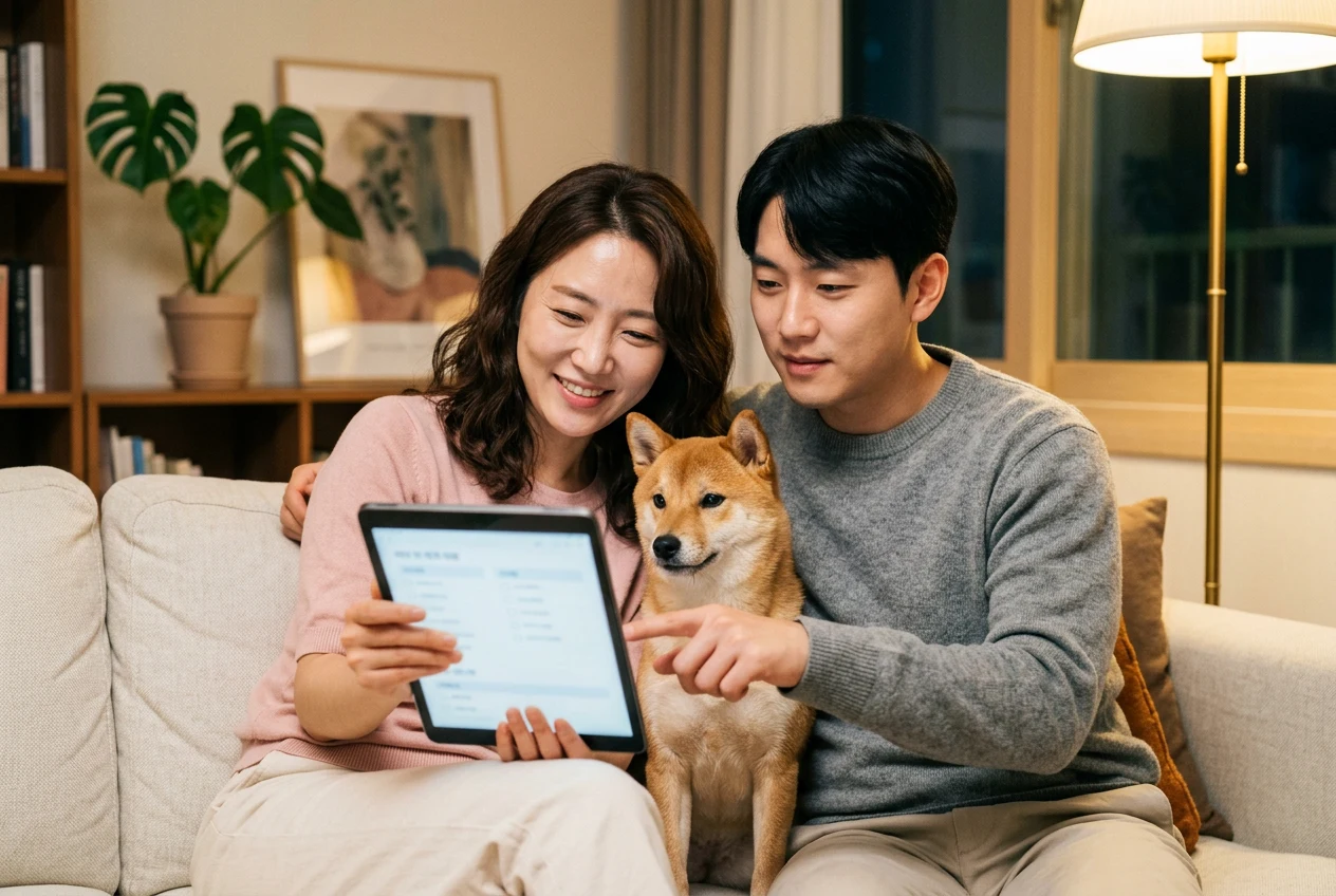 소파에 앉아 태블릿으로 보험 특약을 확인하는 부부와 시바견