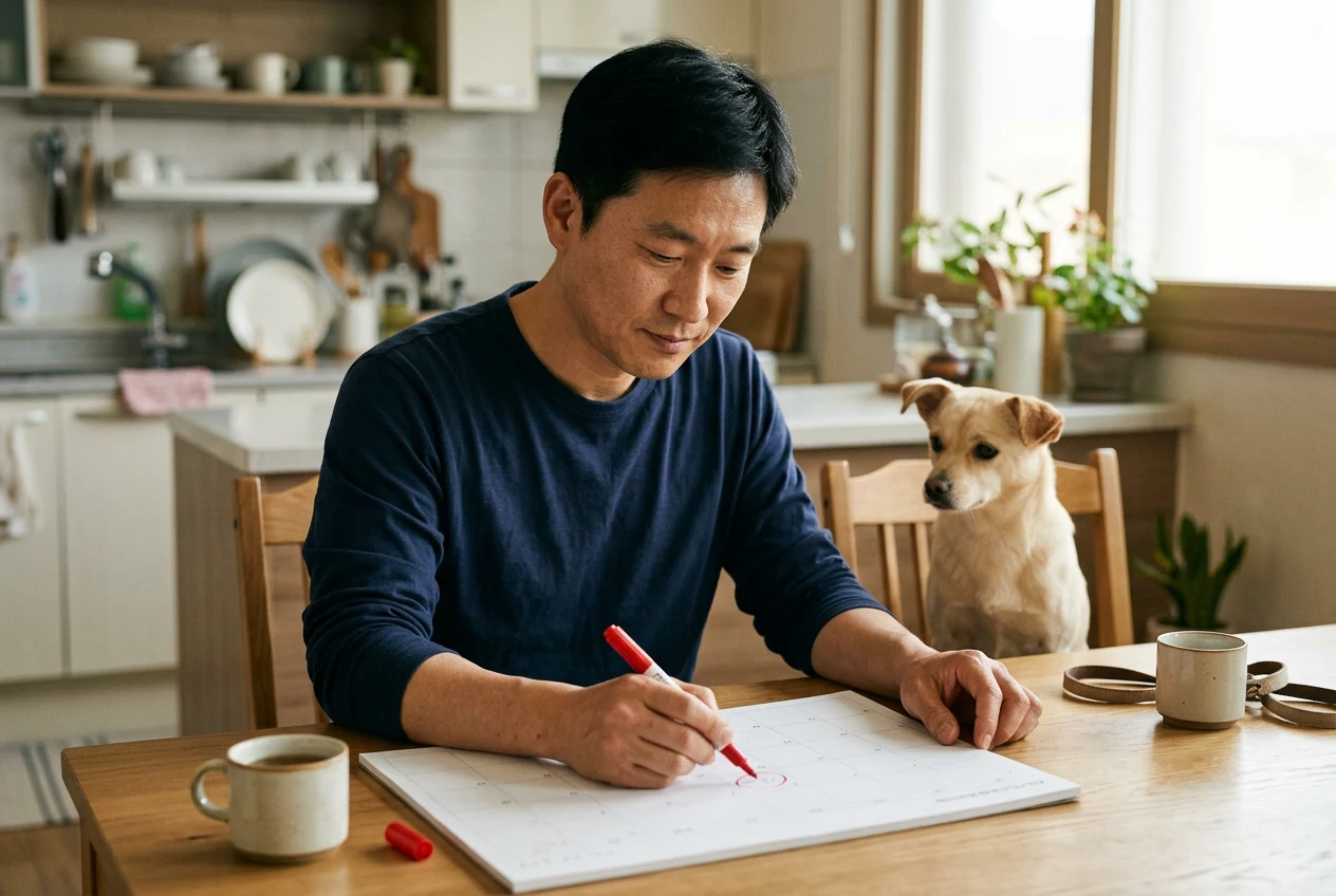달력에 갱신일을 표시하는 보호자와 옆에 앉은 강아지