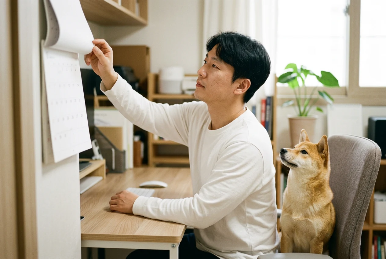 달력 페이지를 넘기는 보호자와 시바이누 강아지