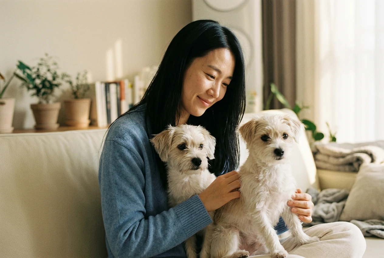 갱신 처리 후 반려견과 편안히 쉬는 보호자