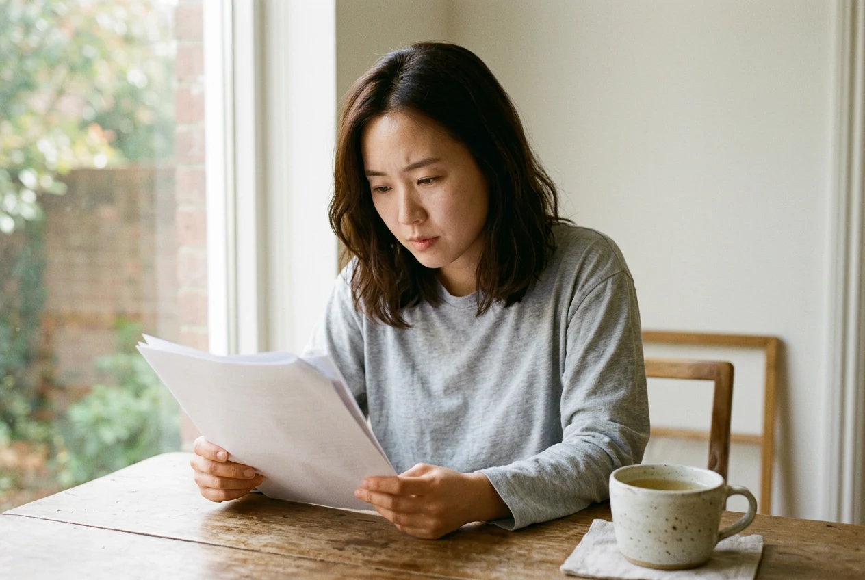 창가 테이블에서 보험 약관 서류를 꼼꼼히 읽는 여성