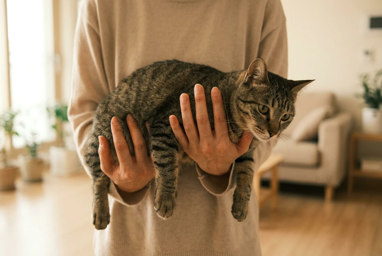 보호자 손에 안겨 있는 코리안숏헤어 고양이 — 고양이 펫보험 월 보험료 개념 이미지
