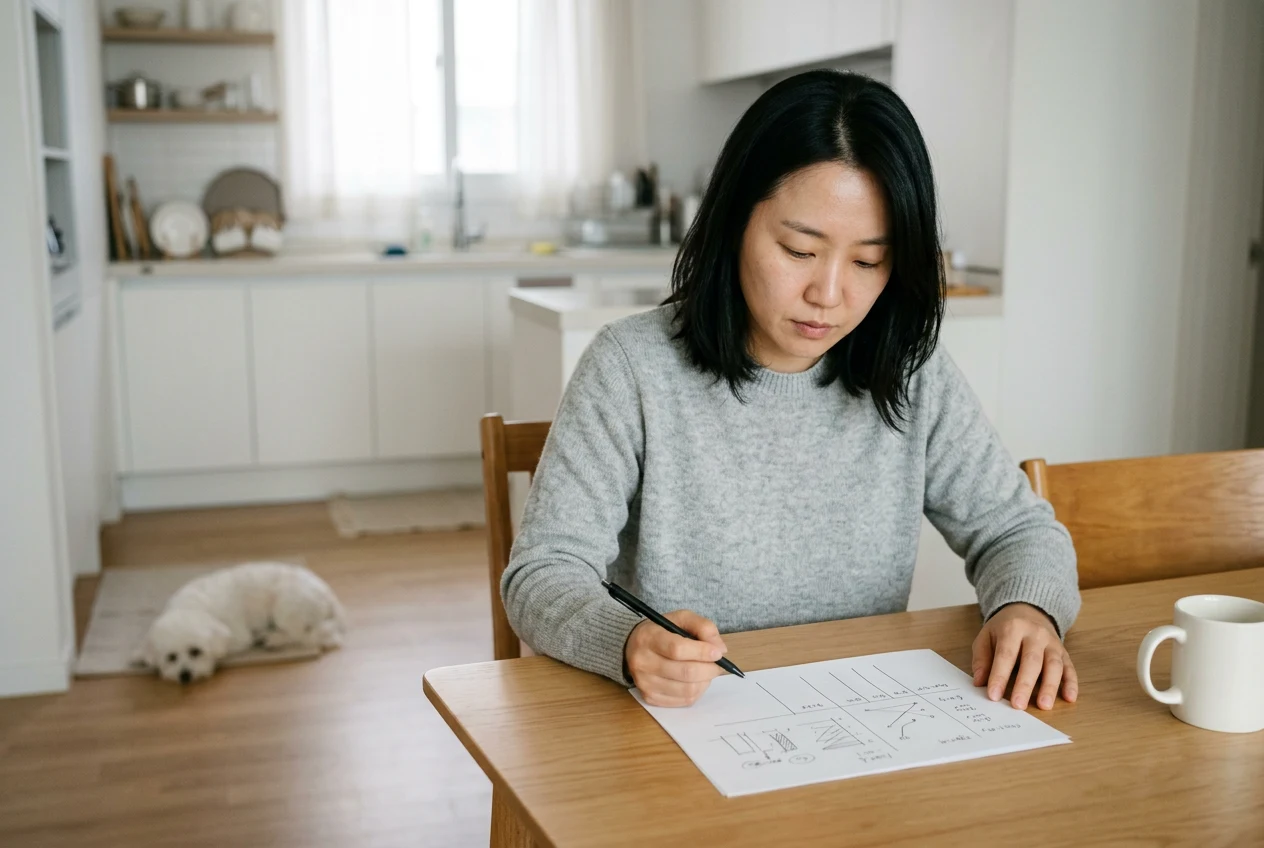 주방 테이블에서 비교표를 작성하는 보호자와 배경의 강아지 — 보험료 결정 변수 비교 개념 이미지