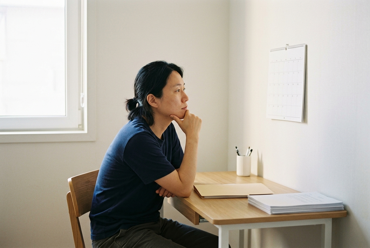 달력을 바라보며 갱신 여부를 고민하는 보호자 — 펫보험 1년 갱신 구조 개념 이미지