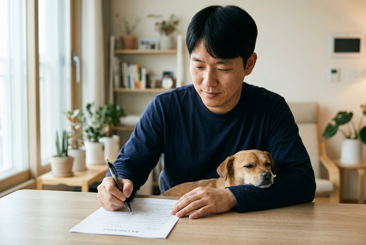 강아지를 안고 체크리스트를 검토하는 보호자