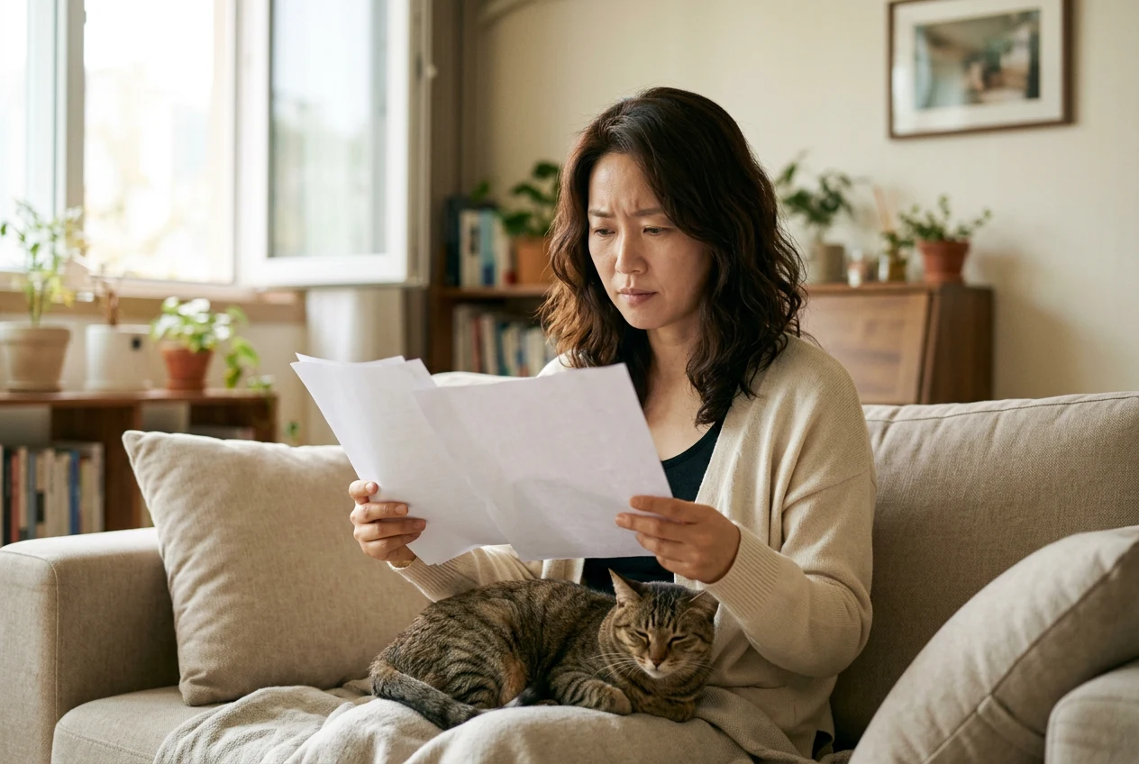 고양이를 무릎에 앉히고 보험 서류를 검토하는 여성