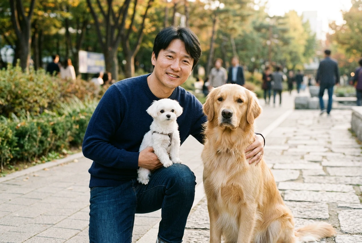 소형 말티즈와 대형 골든리트리버를 함께 돌보는 보호자