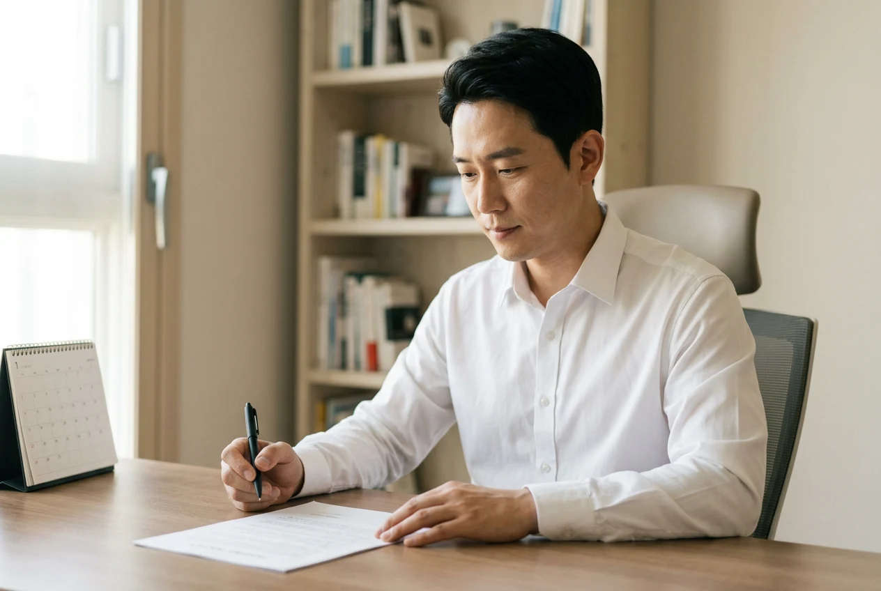 서류를 검토하며 보험 내용을 확인하는 남성