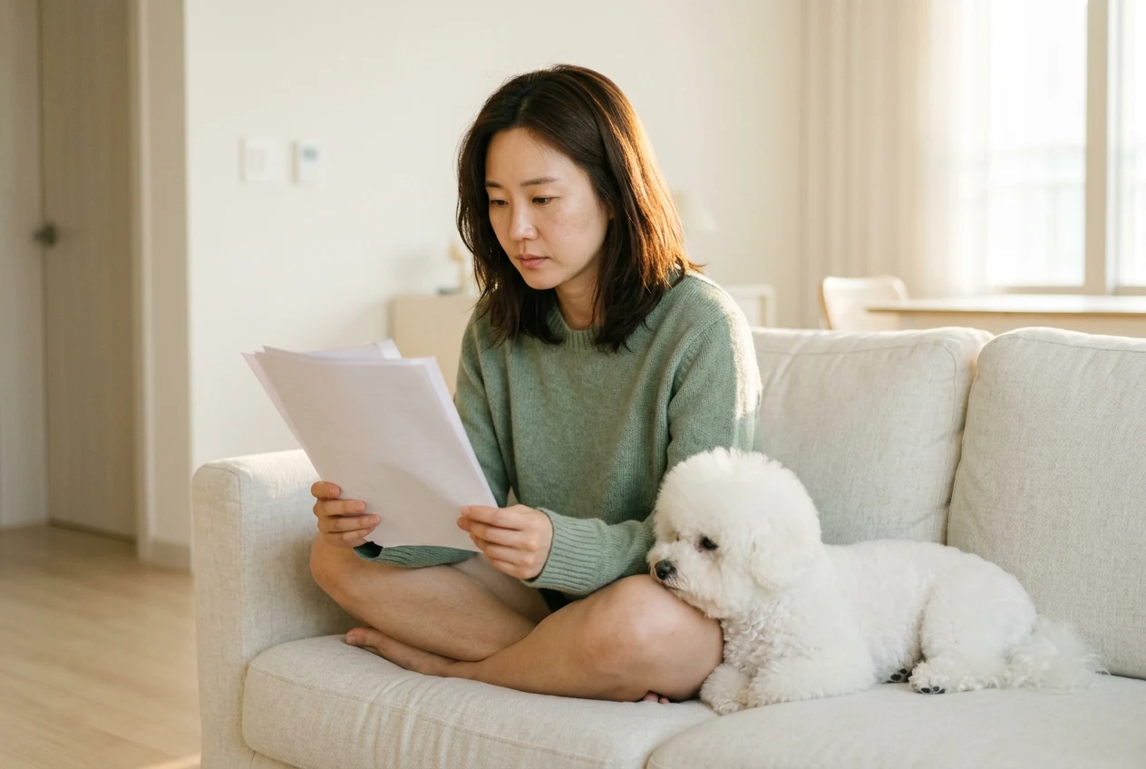 소파에 앉아 약관 서류를 읽는 반려인과 비숑 강아지