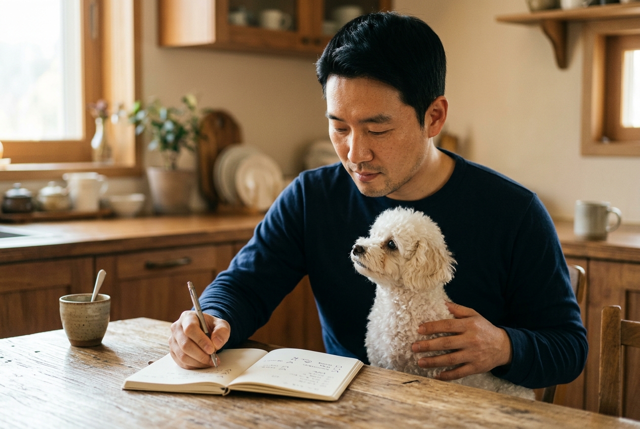강아지를 안고 노트에 메모하는 남성 — 가입 전 체크리스트 개념 이미지