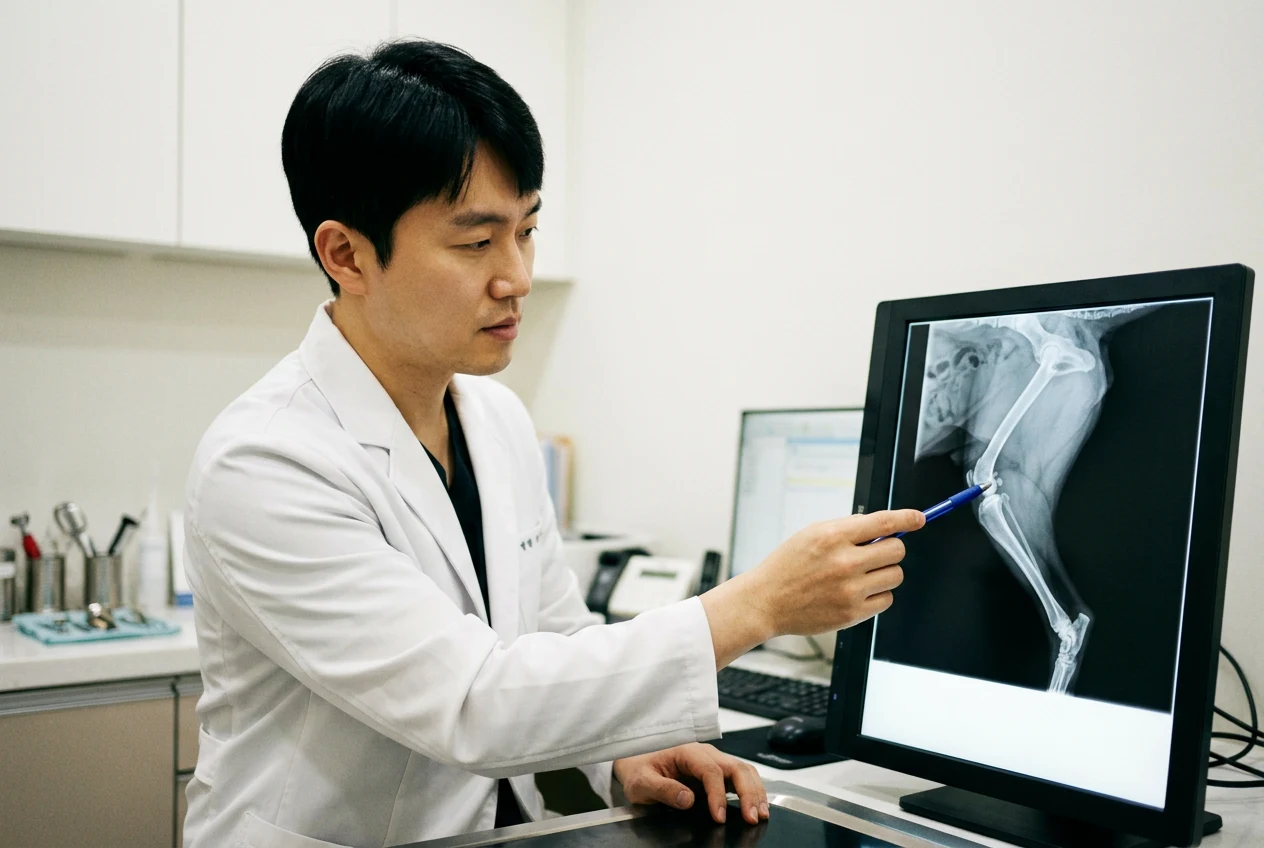 수의사가 모니터에 표시된 강아지 뒷다리 엑스레이를 펜으로 가리키며 분석하는 모습