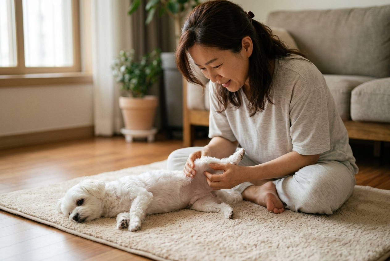 한국 여성 보호자가 거실 바닥에서 소형견의 뒷다리를 부드럽게 굽혀 재활 운동을 시켜주는 모습