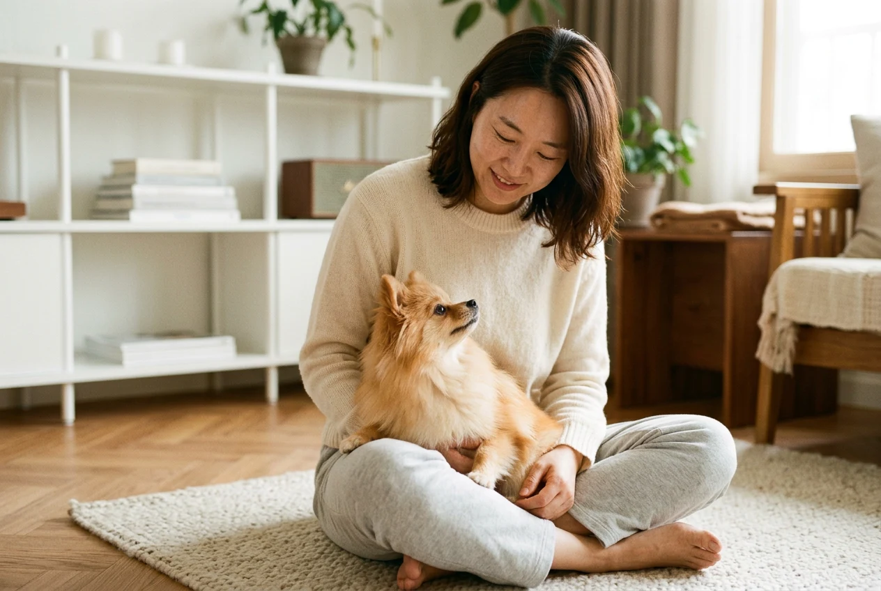 포메라니안을 안고 있는 한국인 여성 보호자
