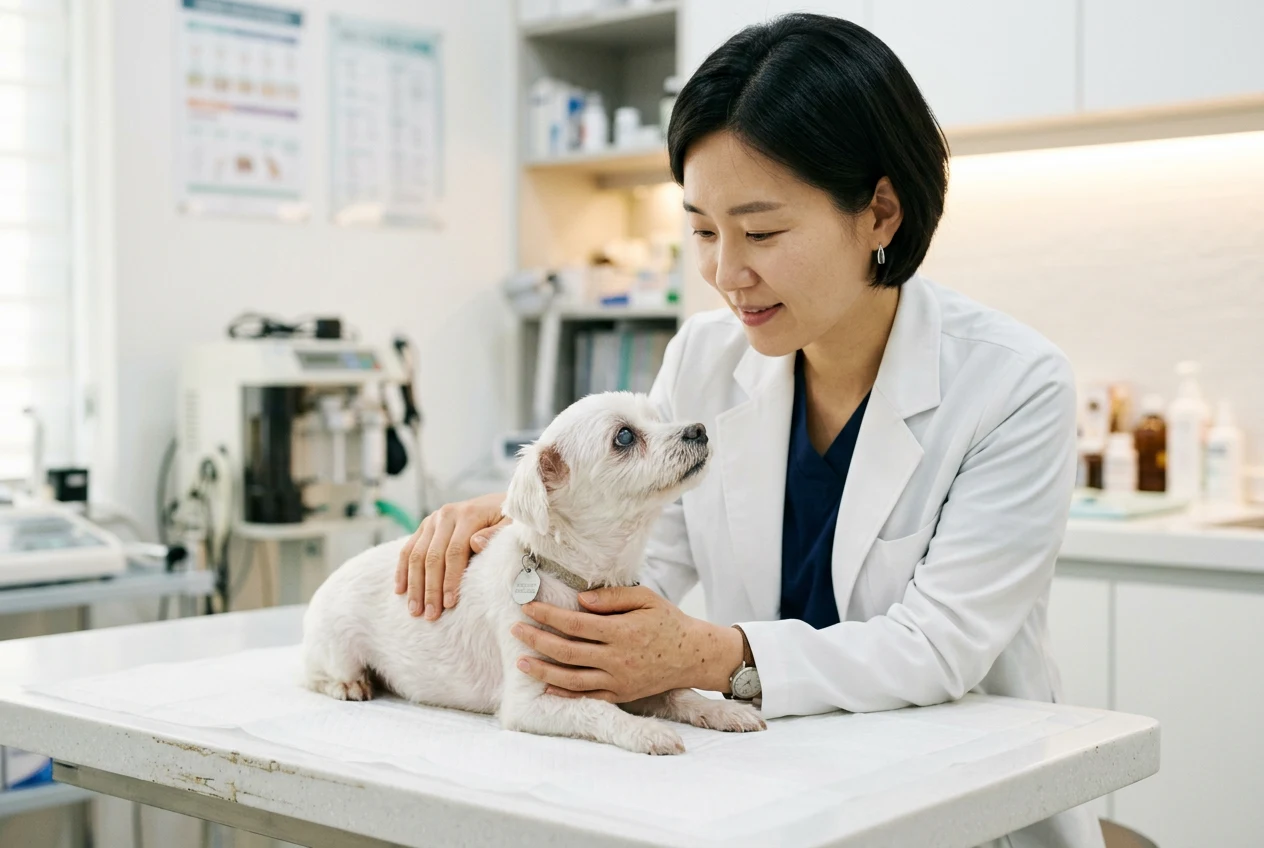 동물병원에서 노령 소형견을 진찰하는 수의사