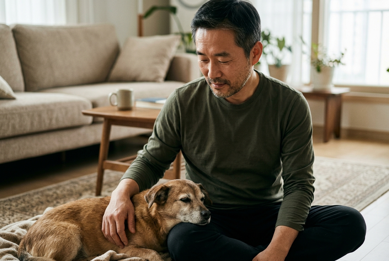 거실 바닥에 앉아 노령견 곁에 손을 얹은 보호자